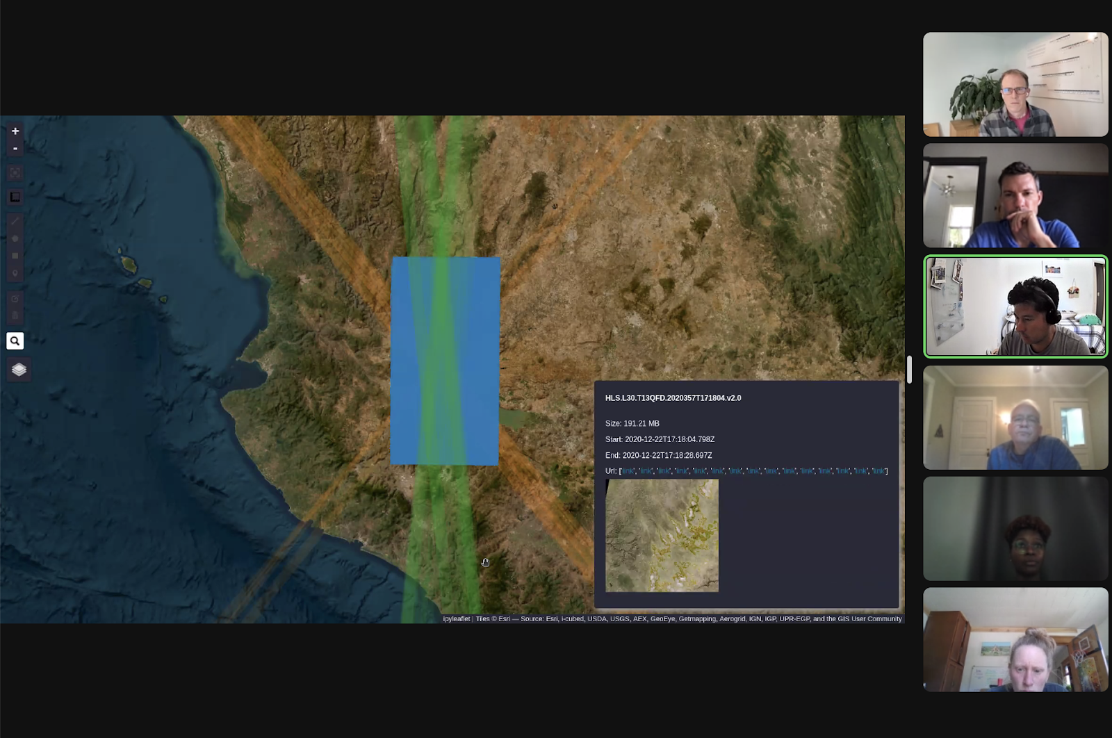 satellite view of land and water. blue rectangle over a segment and green lines that intersect inside the blue rectangle.