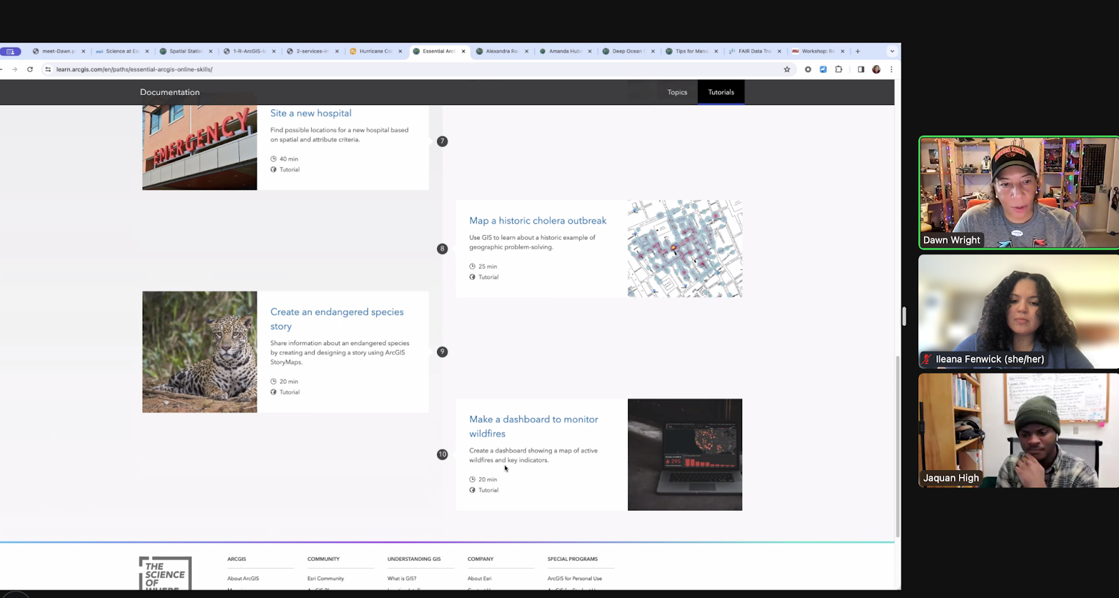 Zoom screenshare view of browser showing links to 4 ArcGIS tutorials. Each has image to left and title and length of tutorial to the right. Right side of screenshot shows zoom view of 3 participants